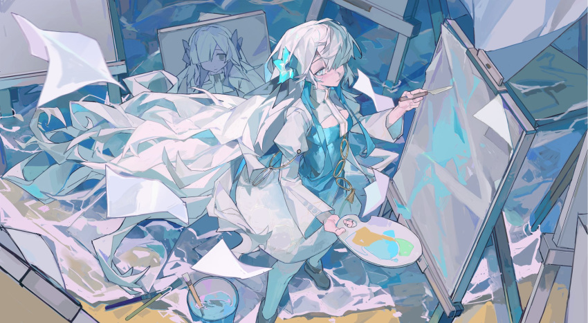 1girl, blue_background, blue_dress, blue_flower, blue_hair, blue_theme, canvas_(object), dress