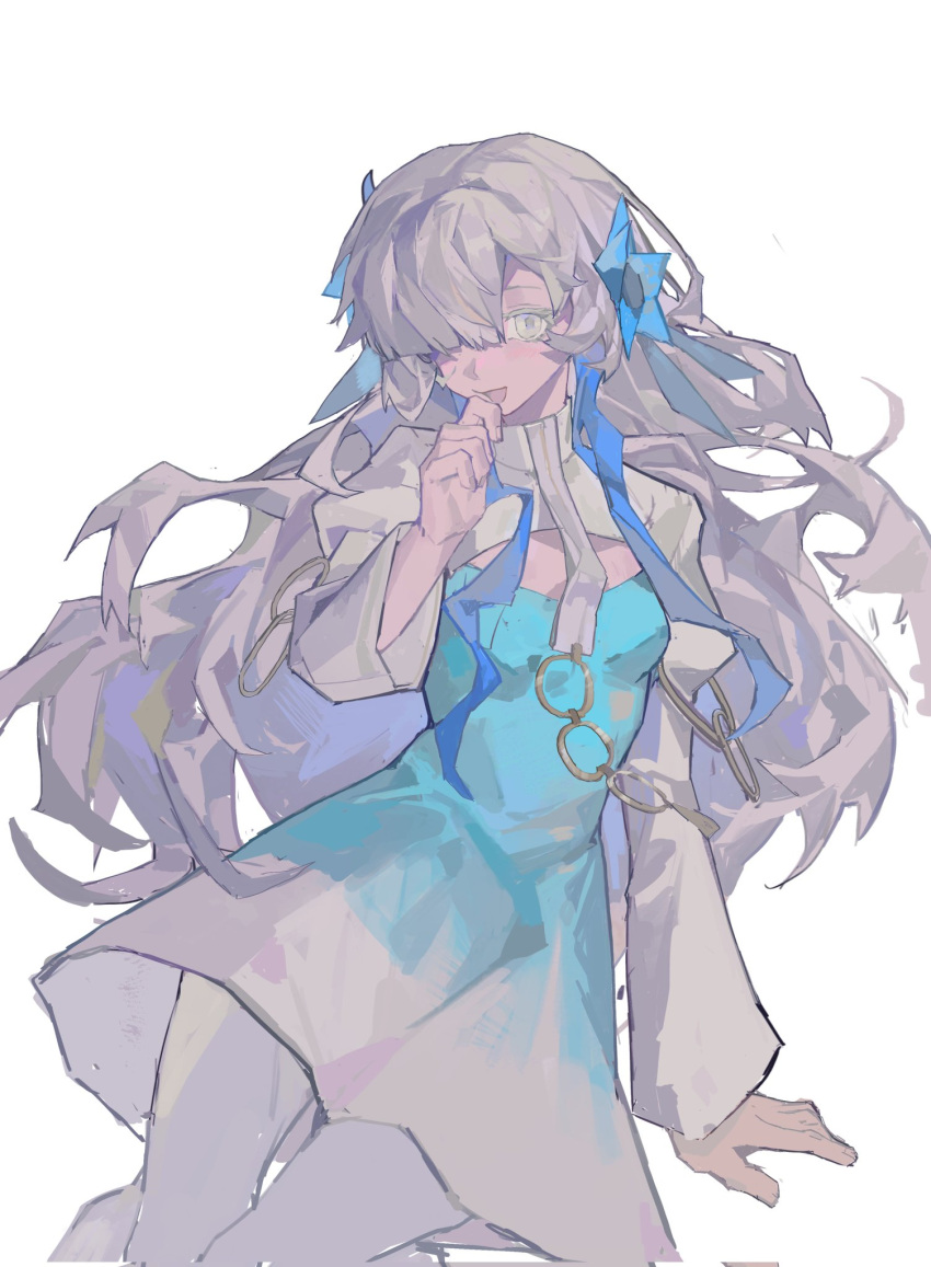1girl, blue_dress, blue_flower, blue_hair, dress, feet_out_of_frame, finger_to_mouth, flower