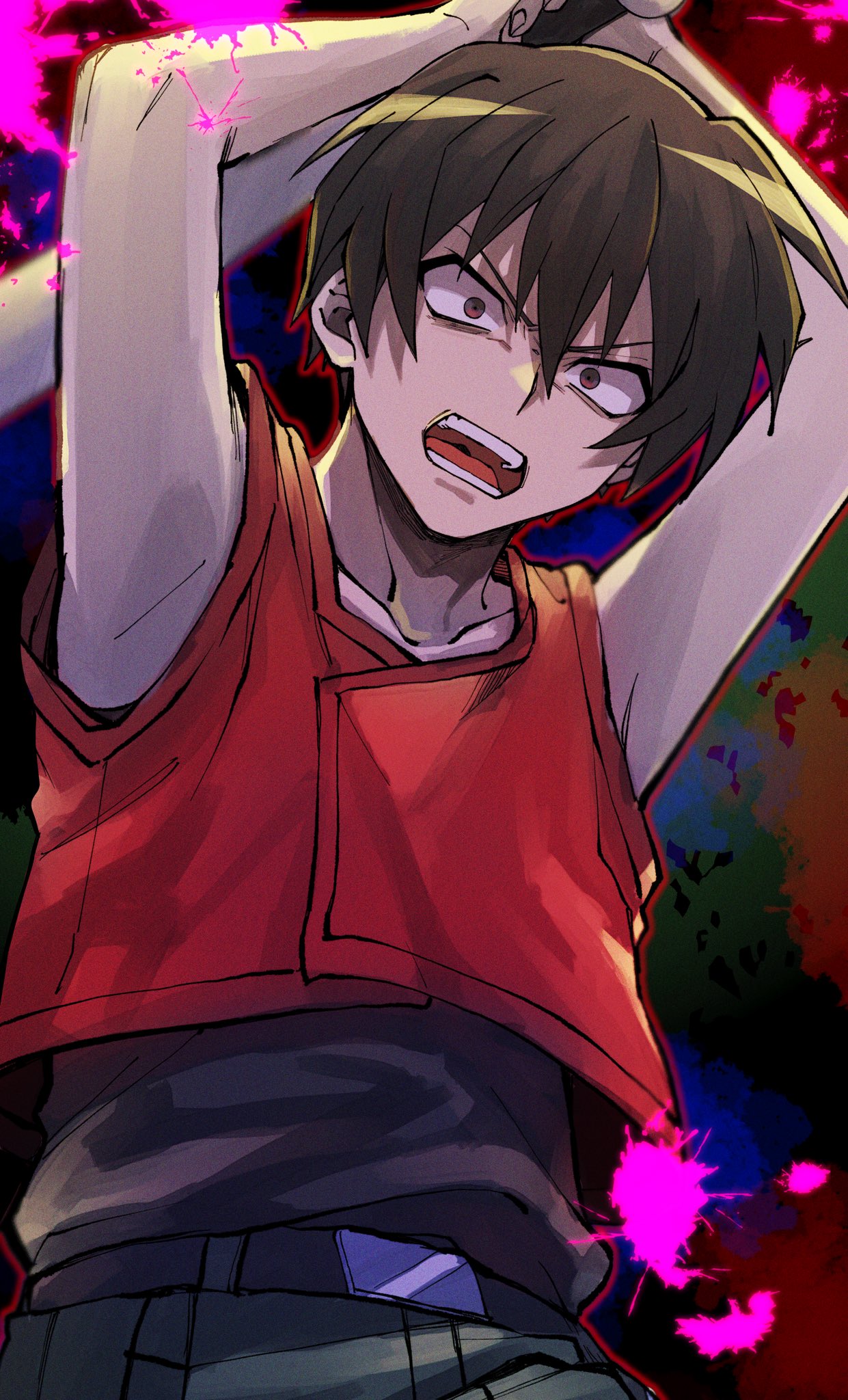 1boy, angry, armpits, bare_arms, bare_shoulders, baseball_bat, belt, black_tank_top