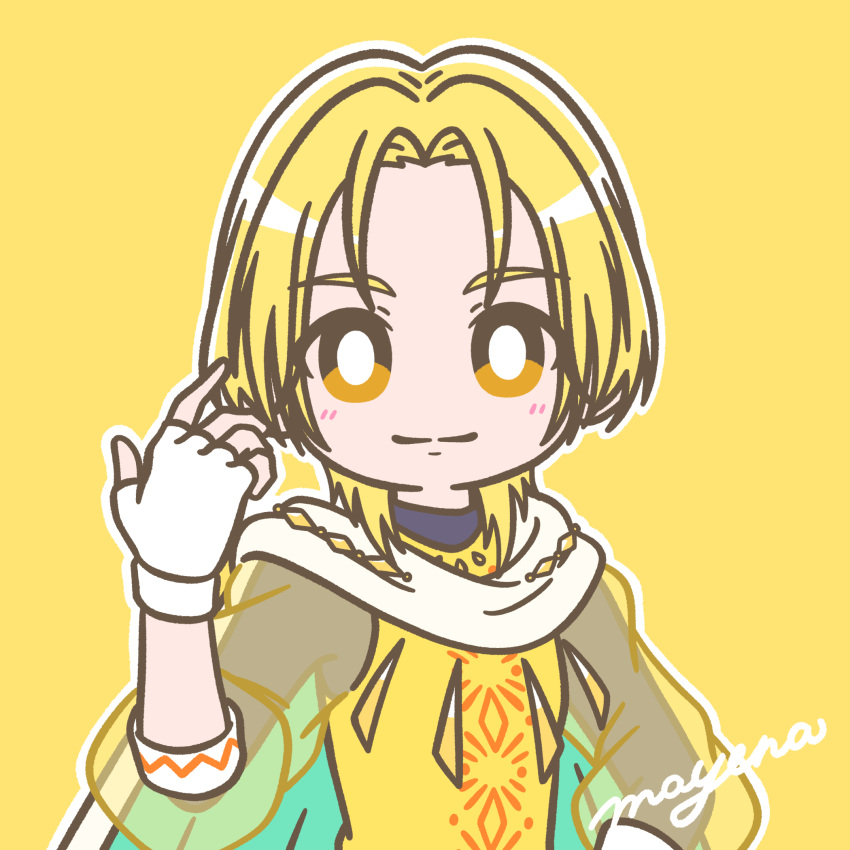 1boy, blonde_hair, blush, bright_pupils, cape, cure_soul, dancing_star_precure, fingerless_gloves