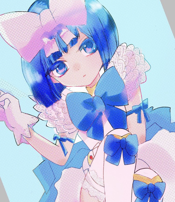1boy, arm_ribbon, blue_background, blue_bow, blue_eyes, blue_hair, blue_ribbon, bokura_wa_mahou_shounen, bow, gloves, hair_bow, kaibara_makoto, looking_at_viewer, pink_hair, ribbon, sanani_(kmj), short_hair, sketch, solo, thick_eyebrows, thigh-highs, white_gloves, white_thighhighs