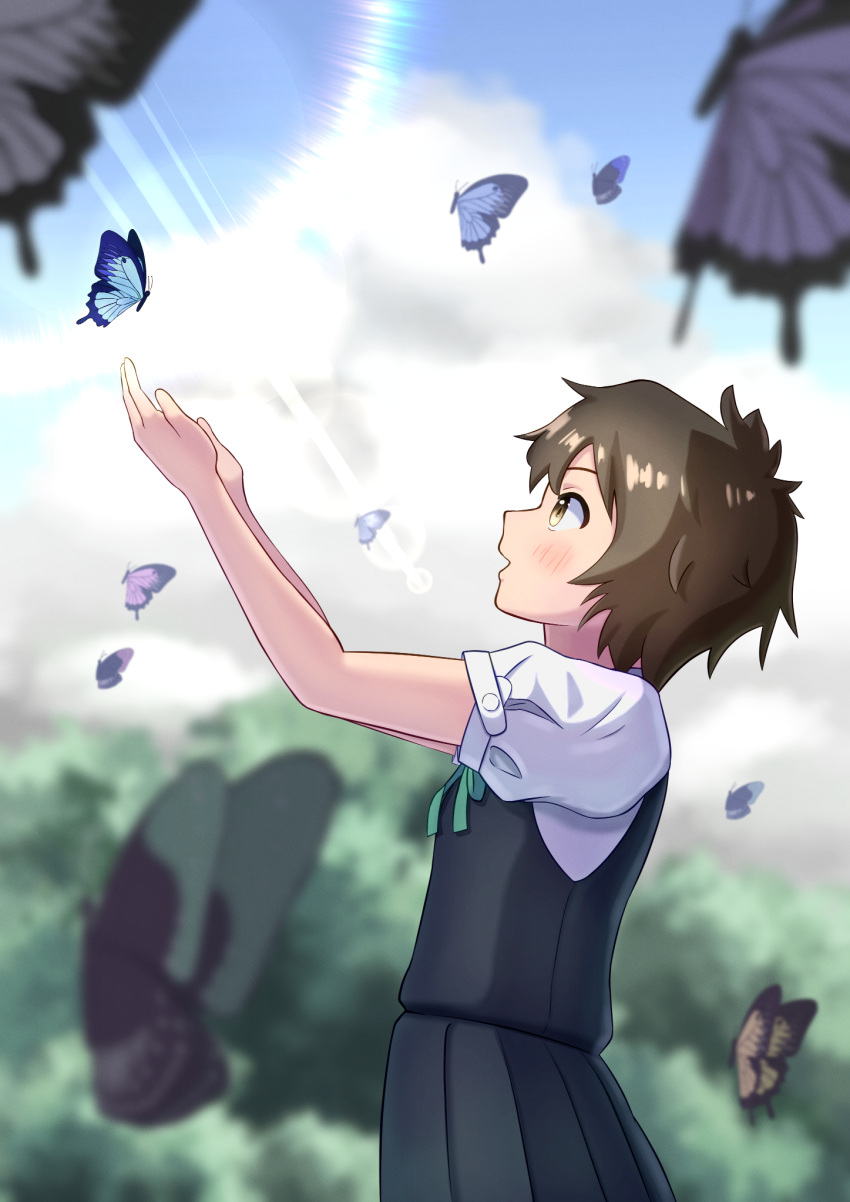 1girl, akebi-chan_no_serafuku, arms_up, blue_skirt, blue_vest, brown_eyes, brown_hair, bug