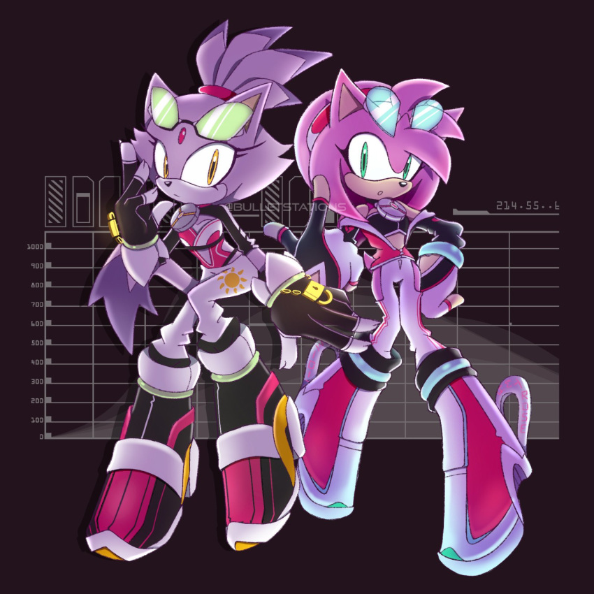 2girls, amy_rose, animal_ears, artist_name, black_background, black_gloves, blaze_the_cat, bulletstations, cat_ears, cat_girl, cat_tail, eyewear_on_head, fingerless_gloves, forehead_jewel, furry, furry_female, gloves, green_eyes, hand_on_own_hip, highres, looking_at_viewer, multiple_girls, parted_lips, pink_fur, ponytail, purple_fur, sonic_(series), tail, tinted_eyewear, yellow_eyes
