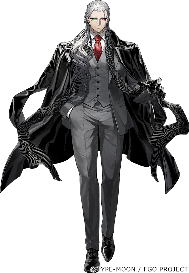 1boy, alessandro_cagliostro_(fate), beard, black_bodysuit, black_footwear, black_gloves, bodysuit, braid, facial_hair, fate/grand_order, fate_(series), gloves, green_eyes, grey_hair, grey_pants, long_hair, looking_at_viewer, necktie, official_art, pants, red_eyes, red_necktie, routo, solo, suit