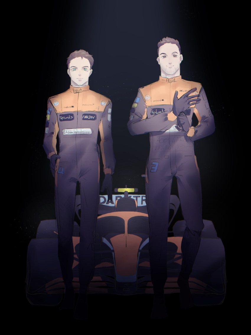 2boys, absurdres, animification, beard_stubble, black_gloves, black_jumpsuit, car, facial_hair, formula_one, formula_racer, gloves, green_eyes, hand_on_own_hip, highres, jumpsuit, lando_norris, light_frown, male_focus, mclaren, motor_vehicle, multiple_boys, nanako_(nanako7ko7ko), orange_jumpsuit, oscar_piastri, race_vehicle, racecar, racing_suit, real_life, short_hair, smile, spoiler_(automobile), stubble, two-tone_jumpsuit