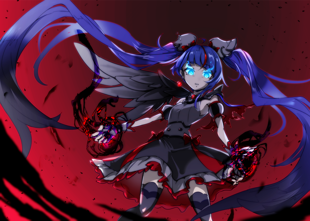 1girl, absurdly_long_hair, arm_strap, black_hair, blue_eyes, cure_sky, dark_cure_sky, dark_persona, dress, flaming_eyes, floating_hair, gothic_lolita, gradient_hair, grey_dress, grey_thighhighs, grey_wings, hair_ornament, hirogaru_sky!_precure, layered_dress, lolita_fashion, long_hair, looking_at_viewer, medium_dress, multicolored_hair, noriccho!, open_mouth, precure, purple_hair, red_background, single_wing, sleeveless, sleeveless_dress, solo, thigh-highs, very_long_hair, wings, zettai_ryouiki