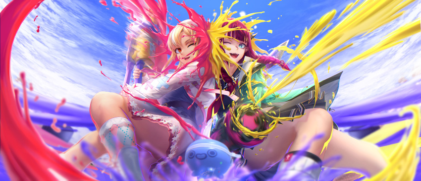 2girls, absurdres, big_swig_roller_(splatoon), blonde_hair, blue_eyes, braid, dress, firing