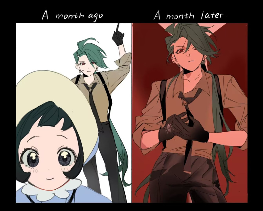 2girls, arm_up, before_and_after, black_border, black_eyes, black_gloves, black_hair, black_necktie