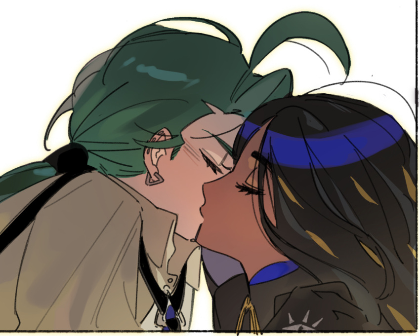 2girls, black_gloves, black_hair, black_necktie, blush, closed_eyes, collared_shirt, commentary_request, dark-skinned_female, dark_skin, earrings, eyelashes, from_side, geeta_(pokemon), gloves, green_hair, interracial, jewelry, kiss, long_hair, multiple_girls, nanaasuzy_pk, necktie, pokemon, pokemon_sv, ponytail, rika_(pokemon), shirt, upper_body, yuri