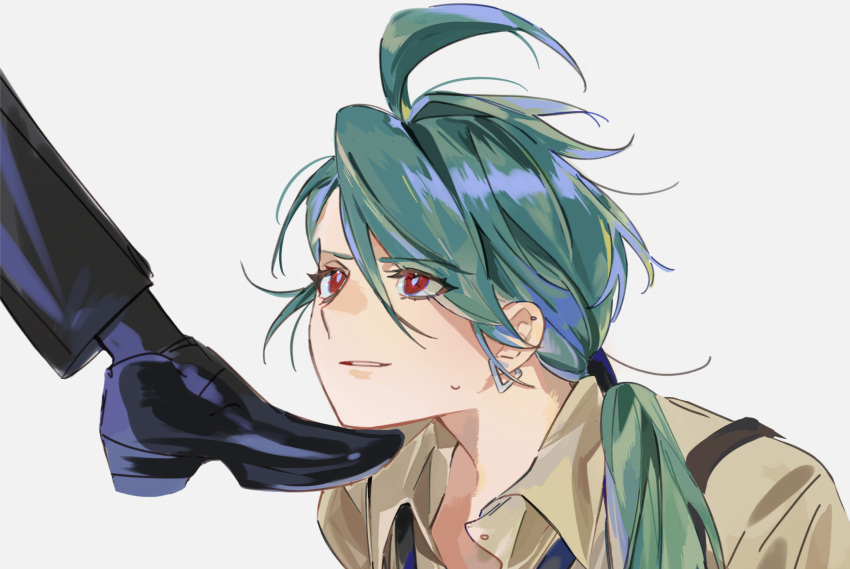 2girls, ahoge, black_footwear, black_pants, black_socks, collared_shirt, commentary_request, earrings, green_hair, grey_pupils, hair_between_eyes, highres, jewelry, long_hair, multiple_girls, nanaasuzy_pk, pants, parted_lips, pokemon, pokemon_sv, ponytail, red_eyes, rika_(pokemon), shirt, shoes, socks, suspenders, sweatdrop
