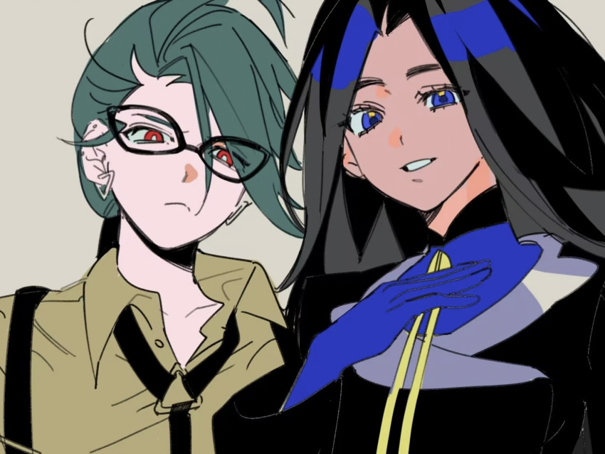 2girls, black-framed_eyewear, black_hair, black_jacket, black_necktie, blue_eyes, blue_gloves, blue_shirt