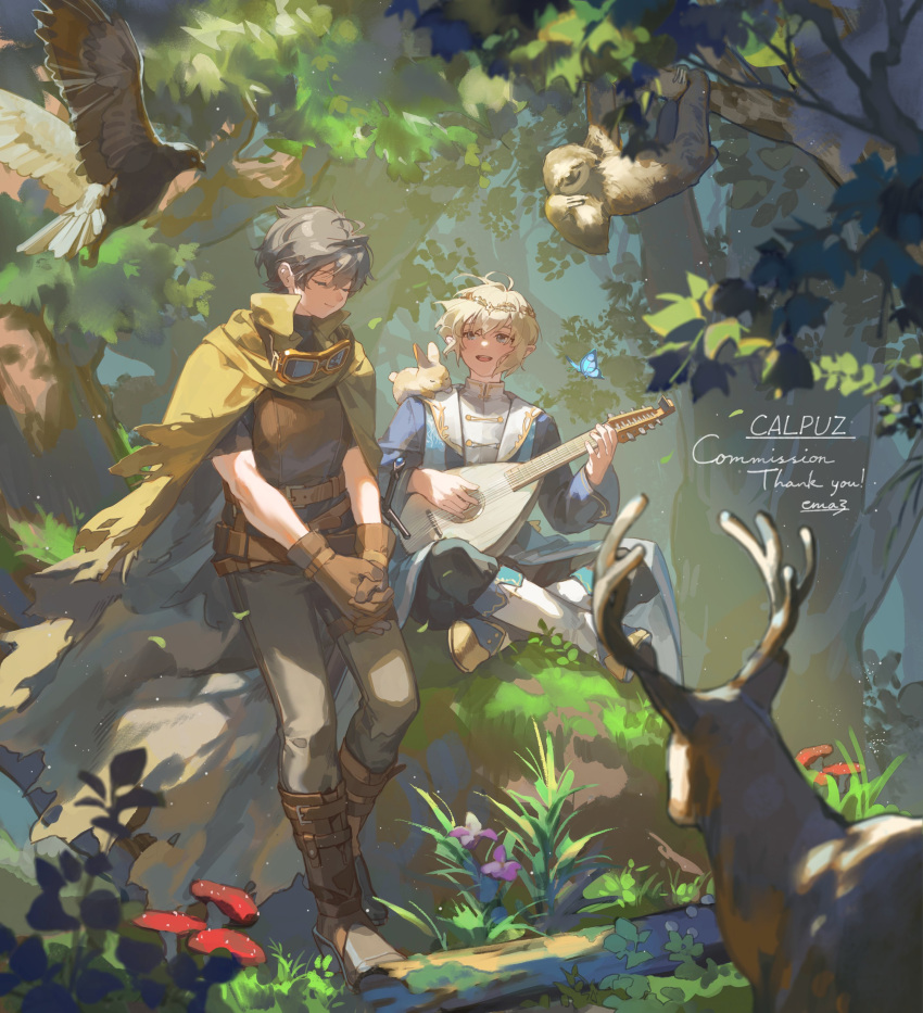 2boys, absurdres, animal, belt, bird, black_hair, blonde_hair, blue_eyes