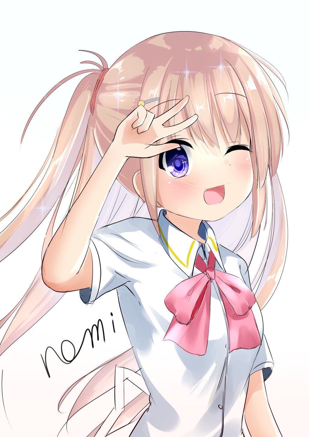 1girl, ;d, aged_up, alternate_hair_length, alternate_hairstyle, arizuki_shiina, blue_eyes, blunt_bangs