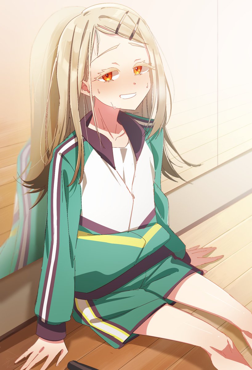 1girl, bare_legs, blush, collarbone, exhausted, feet_out_of_frame, flat_chest, gakuen_idolmaster
