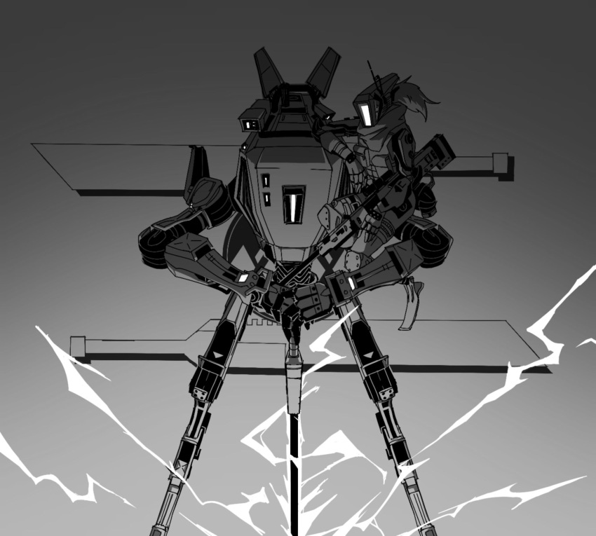 broadsword_(titanfall_2), electricity, greyscale, gun, hand_on_hilt, highres, holding, holding_gun