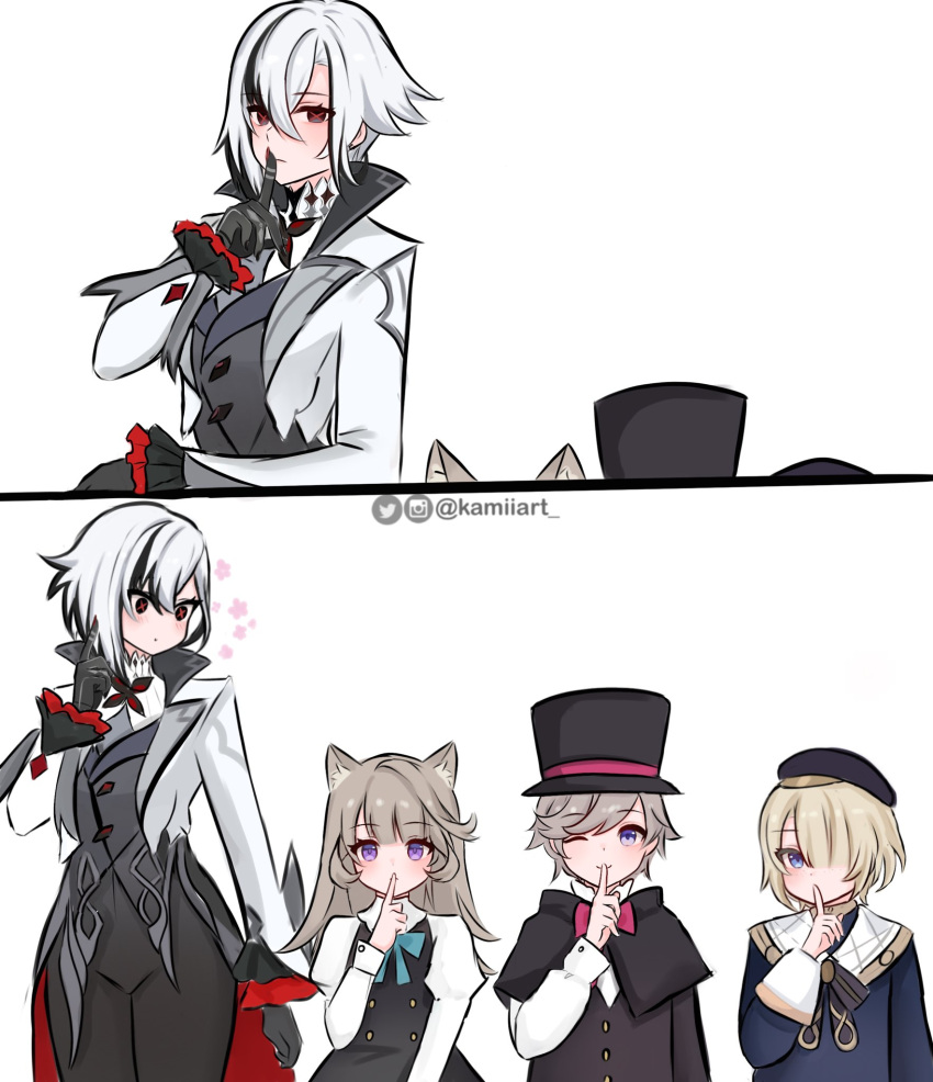 2boys, 2girls, aged_down, animal_ears, arlecchino_(genshin_impact), black_eyes, black_hands, blonde_hair