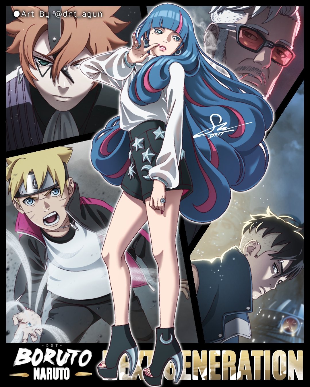 1girl, 3boys, ada_(naruto), amado_(naruto), black_hair, black_shorts, blonde_hair, blue_eyes, blue_hair, boruto:_naruto_next_generations, code_(naruto), copyright_name, dnt_agun, facial_mark, full_body, highres, jewelry, kawaki_(boruto), long_hair, long_sleeves, multiple_boys, nail_polish, naruto_(series), pink_hair, red_nails, ring, short_hair, short_shorts, shorts, solo, standing, sweater, uzumaki_boruto, very_long_hair, whisker_markings, white_sweater