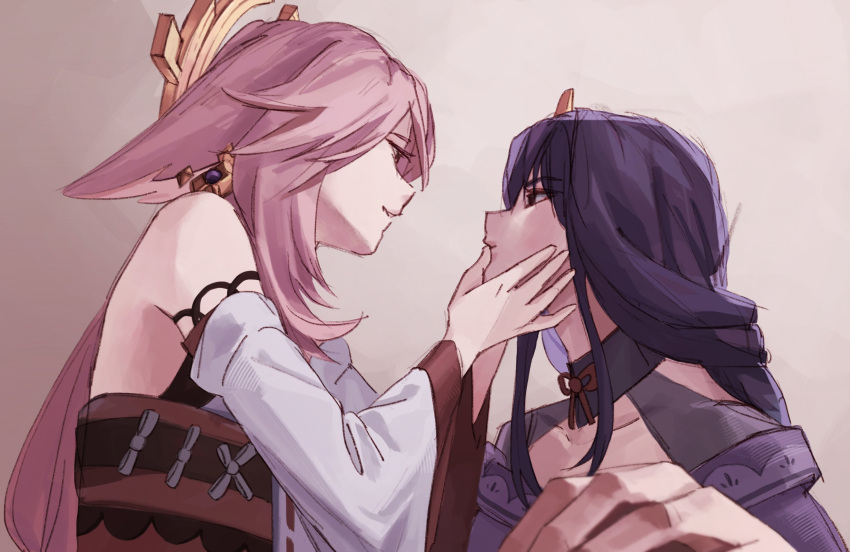 2girls, animal_ears, bare_shoulders, blurry, blurry_foreground, braid, commentary, detached_sleeves