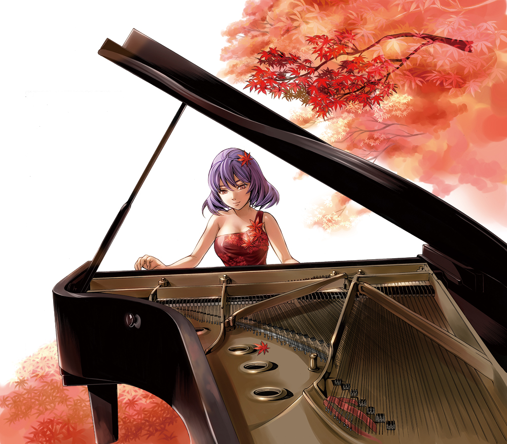 album_cover, alternate_costume, cover, formal, grand_piano, instrument, kyuu_umi, leaf