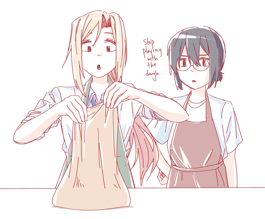 2girls, apron, black_hair, blonde_hair, brown_apron, collared_shirt, commentary, dough