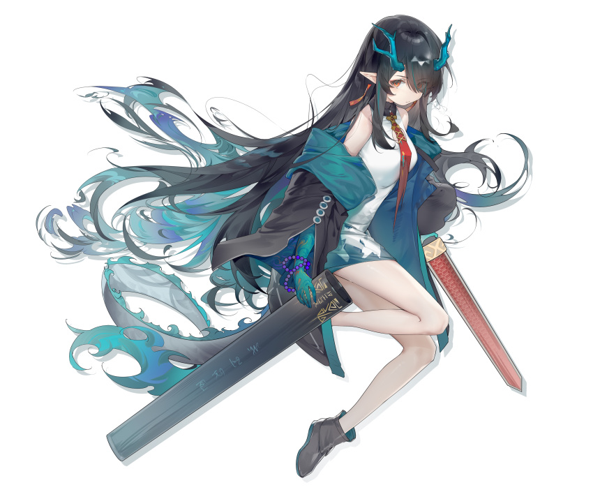 1girl, absurdres, arknights, bare_legs, bead_bracelet, beads, black_hair, bracelet