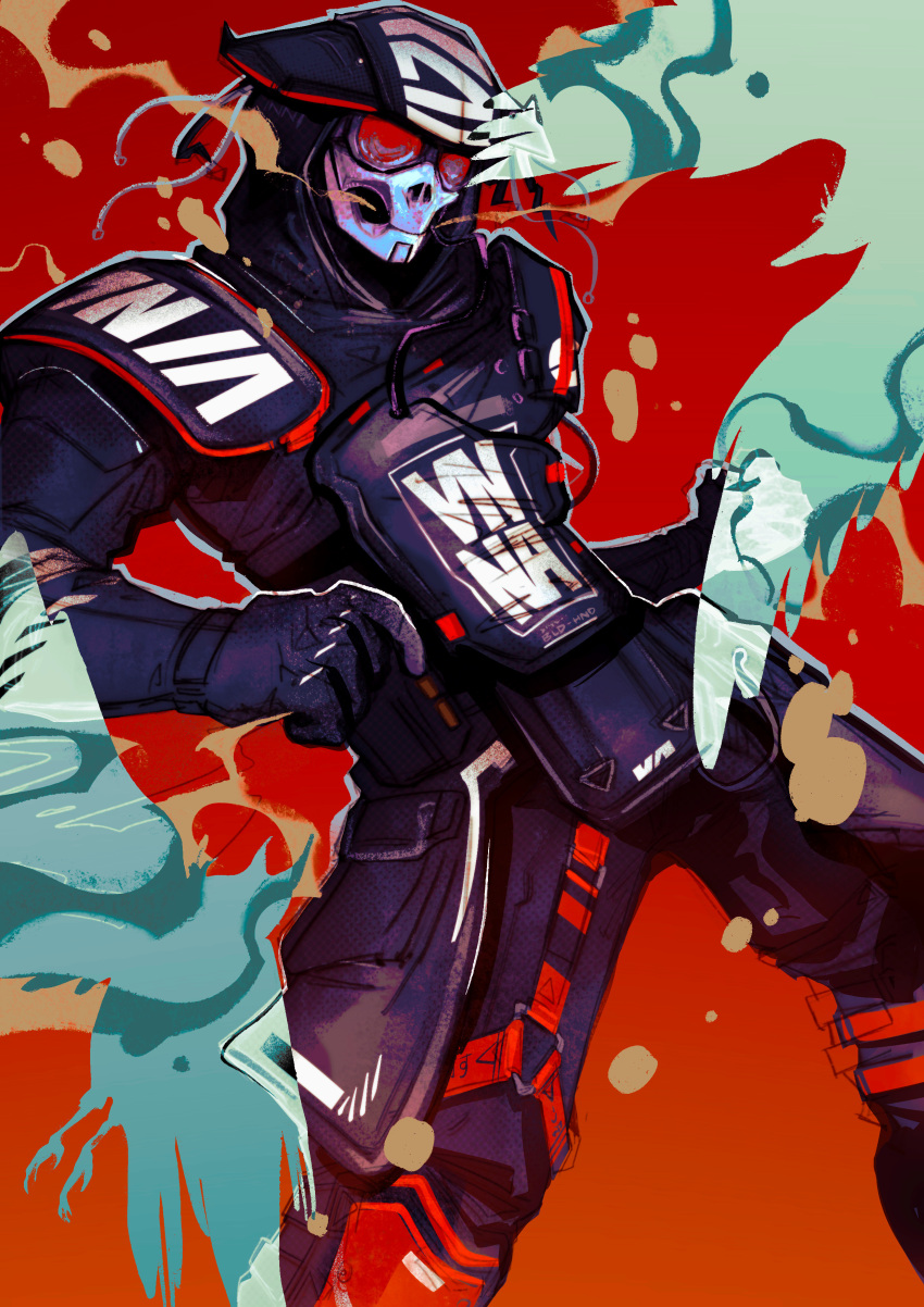 1other, absurdres, ambiguous_gender, apex_legends, bloodhound_(apex_legends), goggles, helmet, highres, hood, hood_up, leaning_back, mask, official_alternate_costume, red_background, road_warrior_bloodhound, smoke, vorcidae