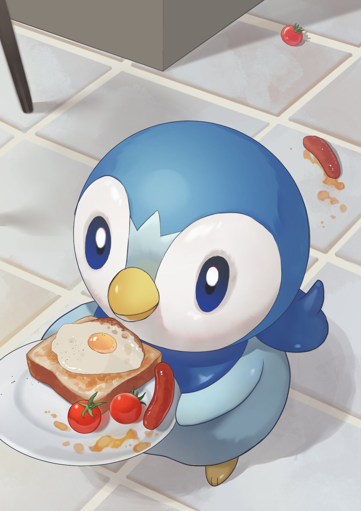 animal_focus, bird, blue_eyes, bread, bread_slice, cherry_tomato, commentary_request, dropped_food