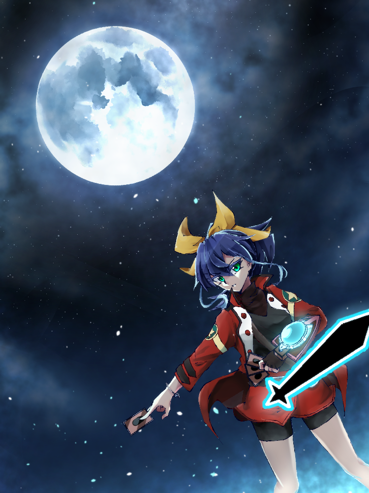 1girl, bike_shorts_under_skirt, bracelet, card, duel_academy_uniform_(yu-gi-oh!_arc-v), duel_disk, full_moon, green_eyes