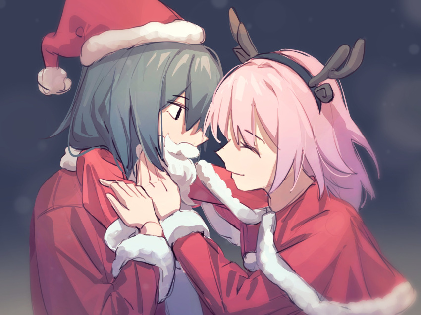 2girls, antlers, arms_around_neck, capelet, christmas, closed_eyes, closed_mouth, commentary