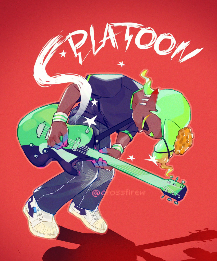 1girl, black_pants, closed_eyes, colored_eyelashes, commentary, copyright_name, dark-skinned_female, dark_skin