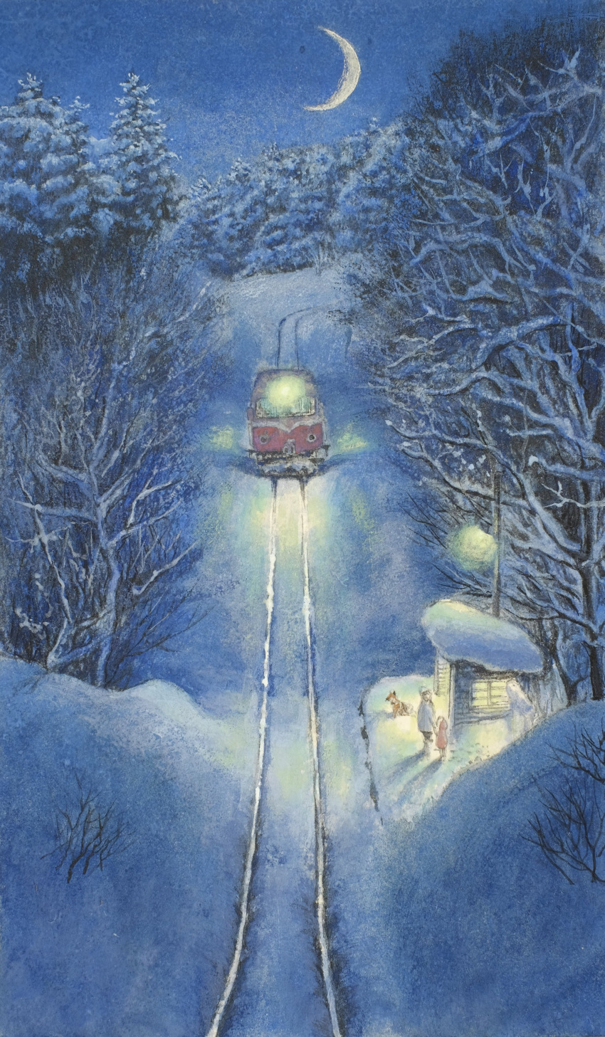 0zolvut2323nyus, 115_series, 1girl, 1other, absurdres, animal, bare_tree, crescent_moon