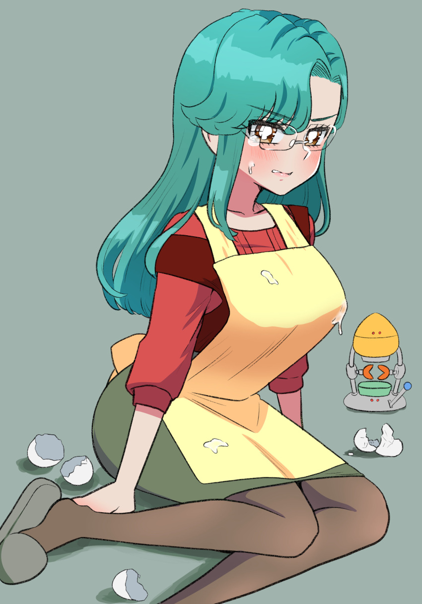 1girl, apron, asymmetrical_bangs, bright_pupils, brown_eyes, brown_pantyhose, casual, delicious_party_precure