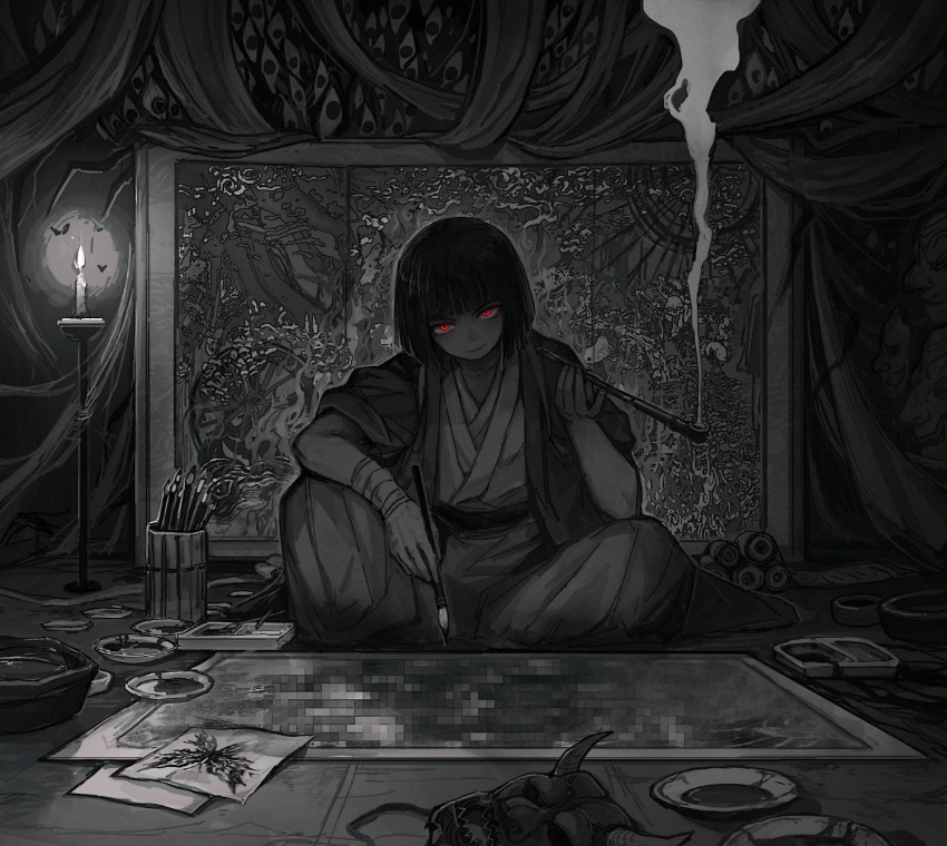 1girl, black_hair, bob_cut, bowl, bug, butterfly, candle, censored