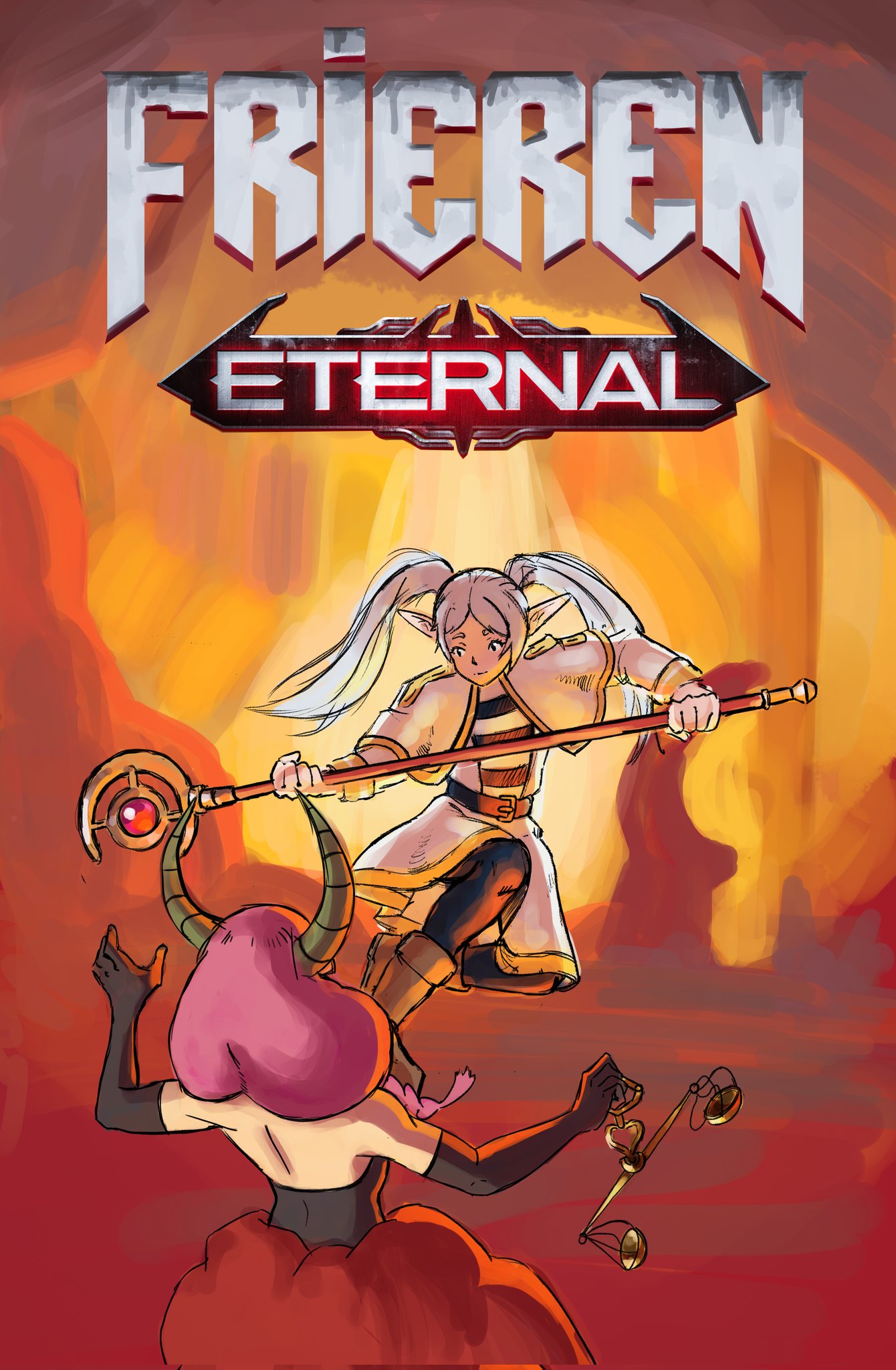aura_(sousou_no_frieren), beatpete, black_pantyhose, boots, capelet, commentary, corrupted_twitter_file, cover, demon_girl, demon_horns, doom_(series), doom_eternal, english_commentary, fake_cover, fire, frieren, full_body, gold_trim, highres, holding, holding_scale, holding_staff, horns, kicking, long_hair, long_sleeves, mage_staff, orange_background, pantyhose, parody, red_background, scales, shirt, skirt, sousou_no_frieren, staff, striped_clothes, striped_shirt, twintails, upper_body, video_game_cover, video_game_cover_redraw, weighing_scale, white_capelet, white_hair, white_skirt