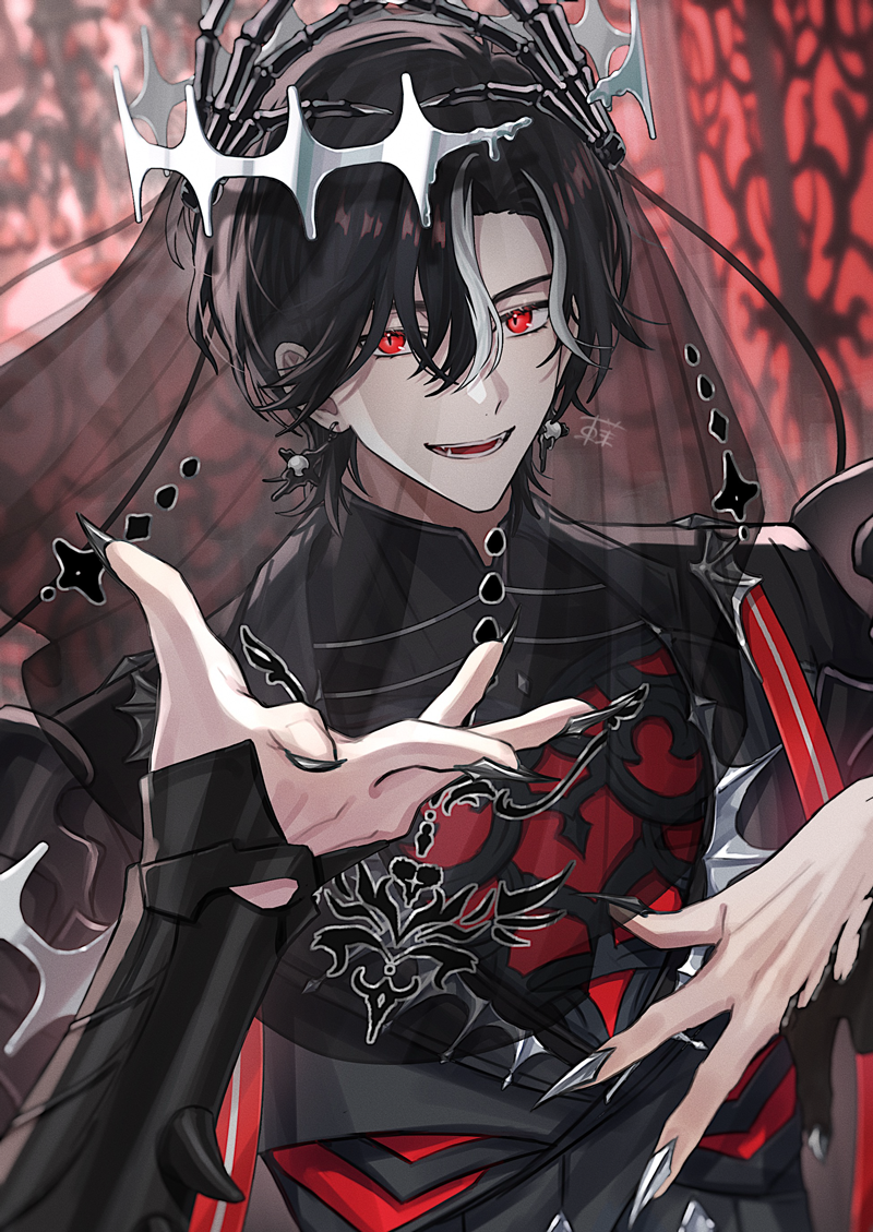 1boy, :d, armor, azuma_hatori, black_hair, black_jacket, black_shirt, black_veil, bone_hair_ornament, crown, curtained_hair, dangle_earrings, earrings, fangs, fingernails, first_stage_production, floating_headgear, grey_nails, hair_between_eyes, hair_ornament, headgear, jacket, jewelry, lapels, lucien_lunaris, male_focus, multicolored_hair, pauldrons, red_eyes, see-through, sharp_fingernails, shirt, short_hair, shoulder_armor, skeletal_hand, smile, solo, streaked_hair, teeth, upper_body, vambraces, veil, veil_over_eyes, virtual_youtuber, white_hair