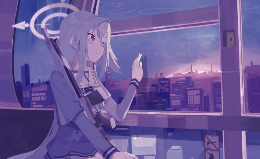 1girl, blue_archive, building, chikoku, city, cityscape, closed_mouth, collared_shirt