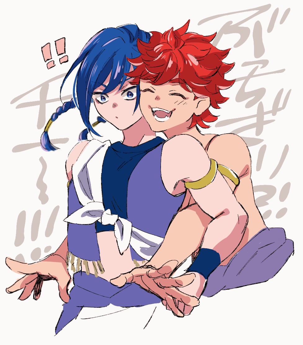 2boys, aged_down, armlet, blue_hair, braid, bucchigiri?!, child, closed_eyes
