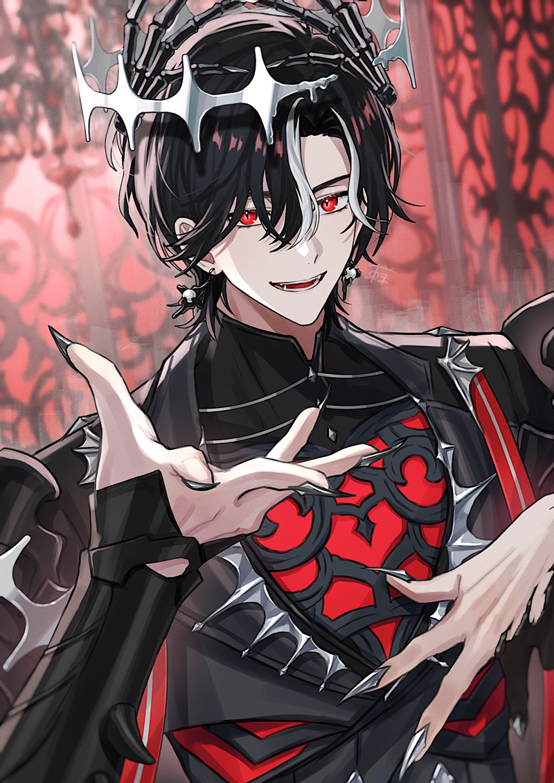 1boy, :d, armor, azuma_hatori, beckoning, black_hair, black_jacket, black_shirt