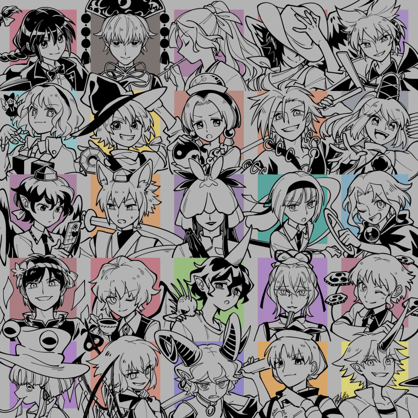 6+girls, adapted_costume, alice_margatroid, animal_ears, bat_wings, braid, closed_eyes, commentary_request