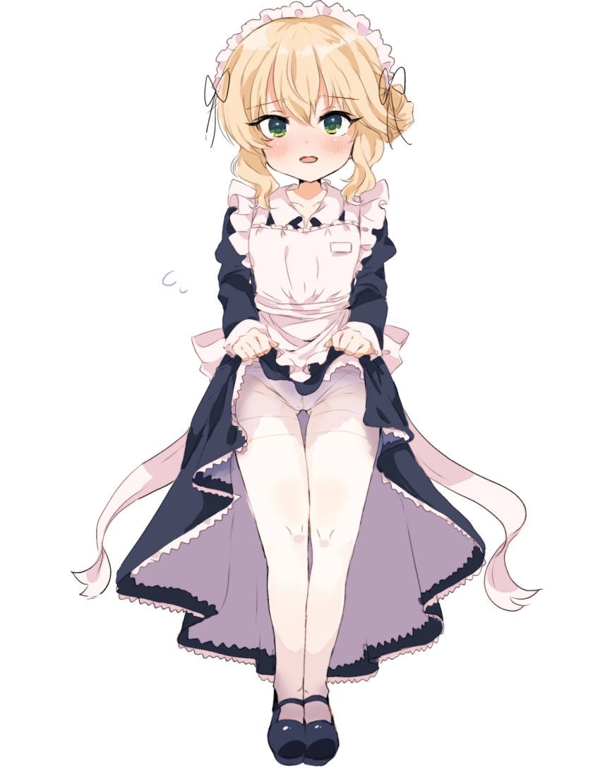 1girl, alternate_costume, apron, blonde_hair, clothes_lift, enmaided, frilled_apron, frilled_hairband