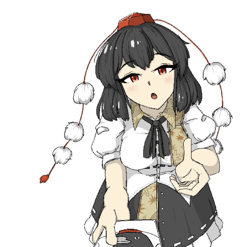 1girl, :o, absurdres, belt, black_belt, black_hair, black_ribbon, black_skirt