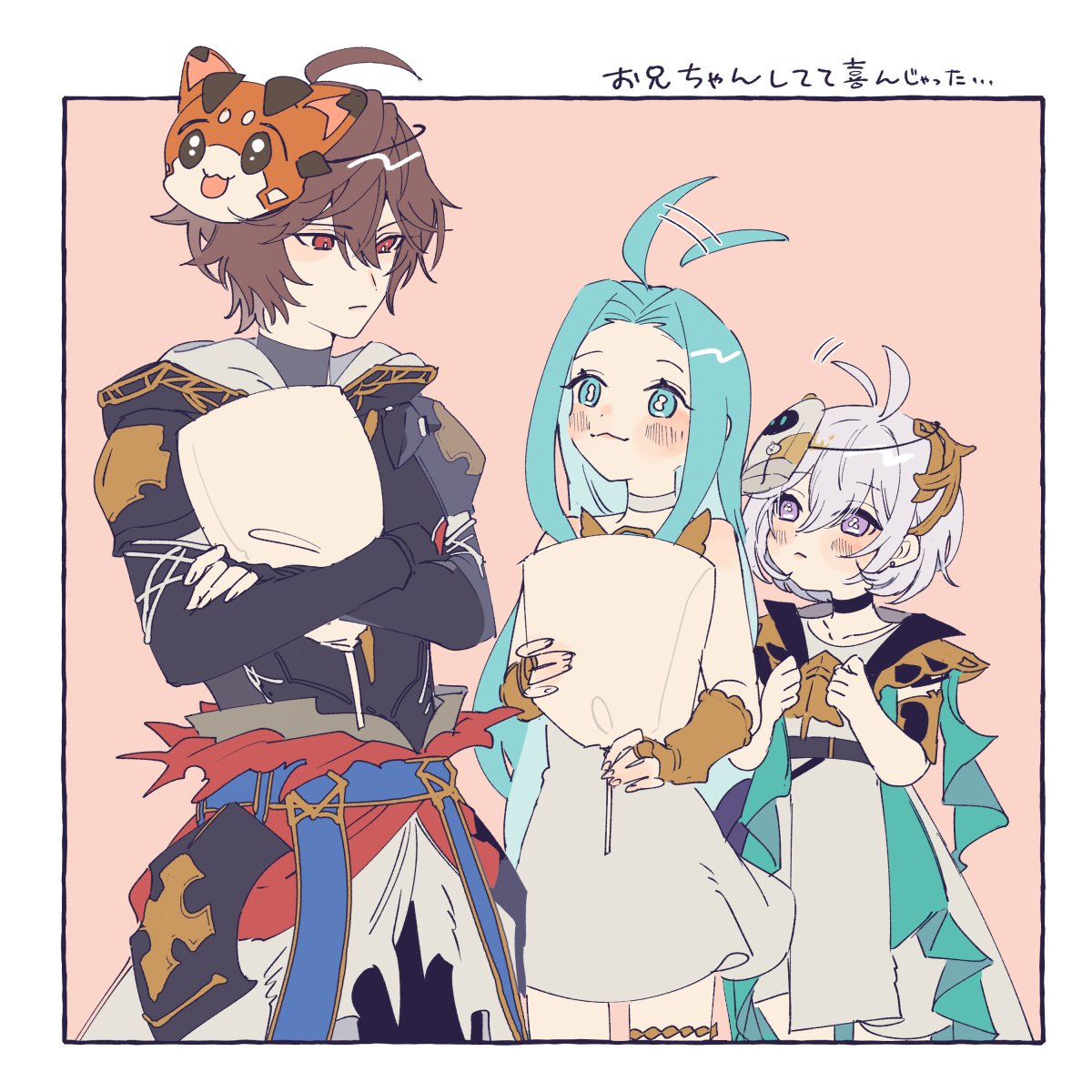 1boy, 2girls, :3, ahoge, antennae_wagging, armlet, armor, belt
