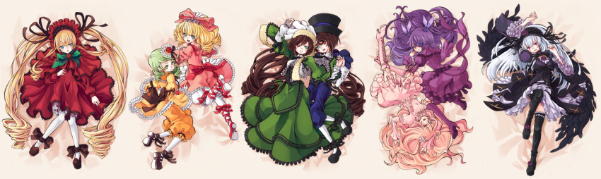 blonde_hair, blue_eyes, bonnet, bow, brown_eyes, brown_hair, dakimakura, dress, drill_hair, eyepatch, frills, green_eyes, hairband, hat, heterochromia, hina_ichigo, holding_hands, kanaria, kirakishou, long_hair, lying, morimaiko, on_back, on_front, on_side, on_stomach, pantyhose, pink_hair, purple_eyes, purple_hair, red_eyes, rozen_maiden, shinku, short_hair, silver_hair, souseiseki, suigintou, suiseiseki, thighhighs, twintails, very_long_hair, violet_eyes, white_hair