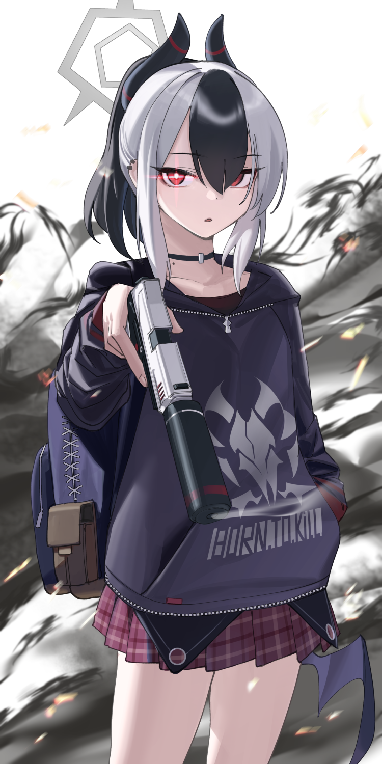 1girl, bag, black_choker, black_hair, black_hoodie, blue_archive, bright_pupils, choker