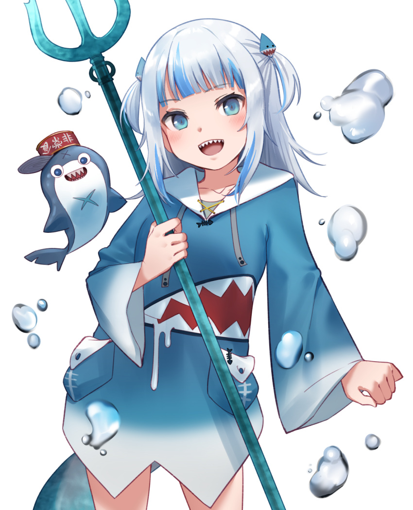 1girl, :d, bloop_(gawr_gura), blue_eyes, blue_hair, blue_hoodie, bubble, collarbone