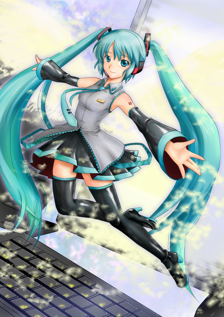 aqua_eyes, aqua_hair, boots, detached_sleeves, haneori, hatsune_miku, high_heels, highres