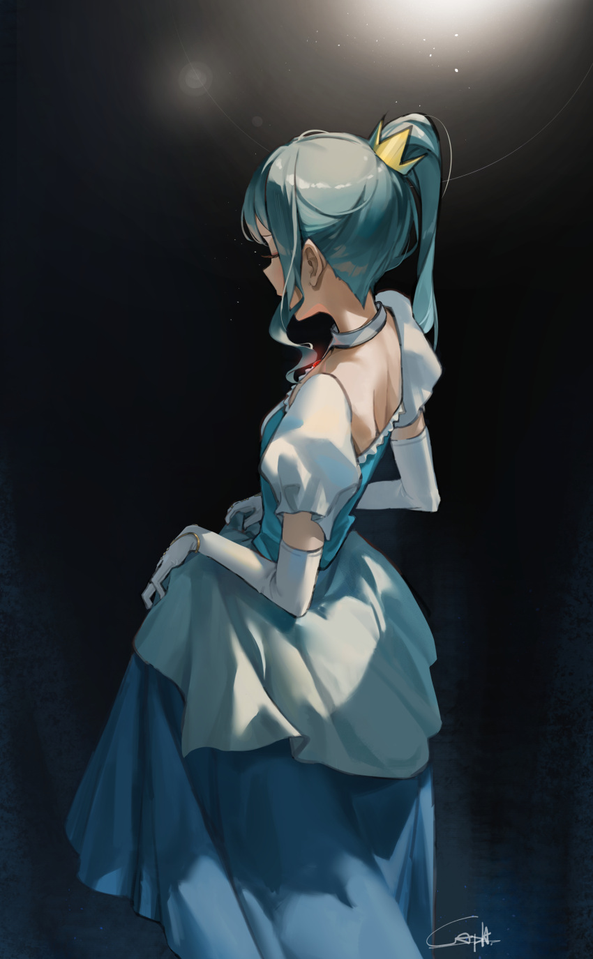 1girl, absurdres, bibideba_(hololive), blue_dress, blue_eyes, blue_hair, c_a_p_h, dress