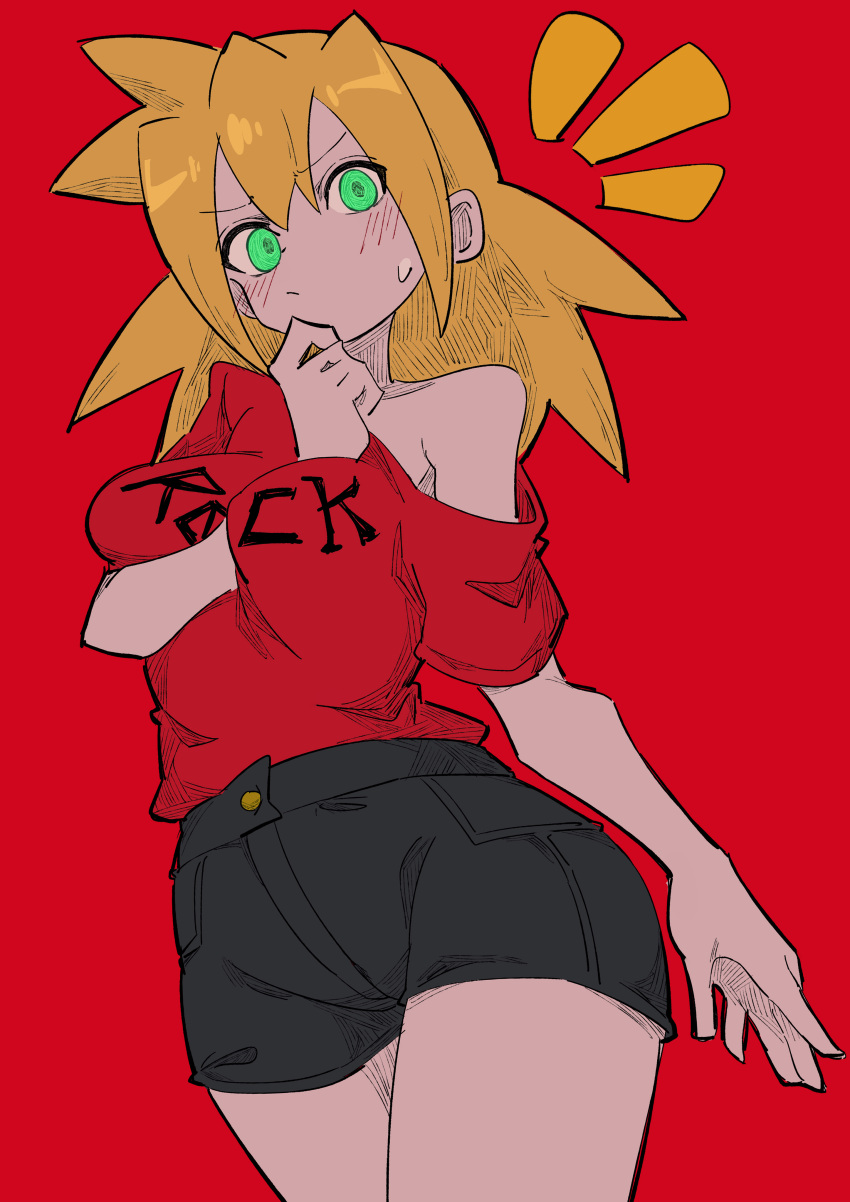1girl, absurdres, alternate_costume, arm_between_breasts, between_breasts, black_shorts, blonde_hair, blush