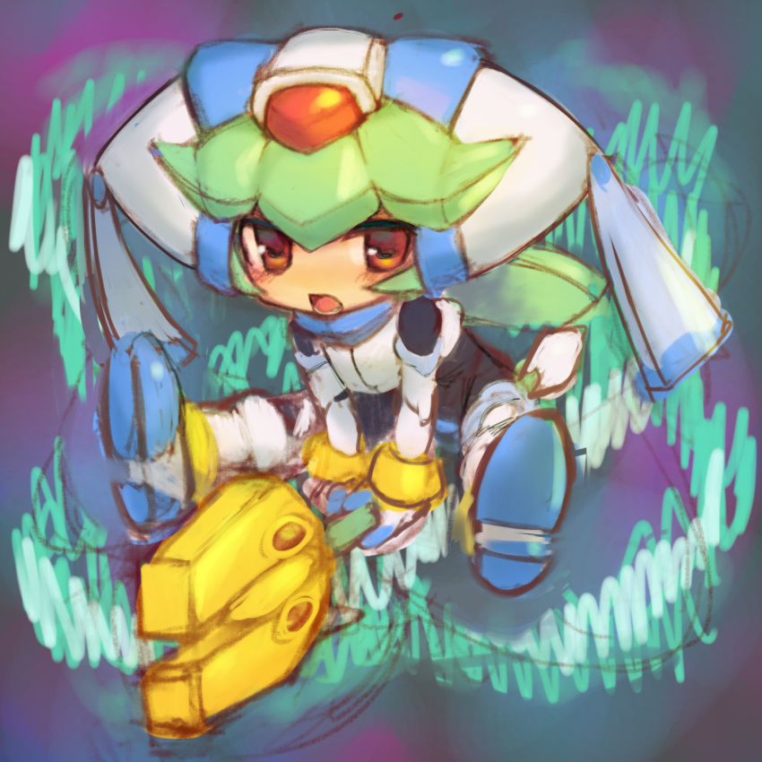 1girl, armor, chibi, crop_top, green_hair, highres, holding, holding_staff