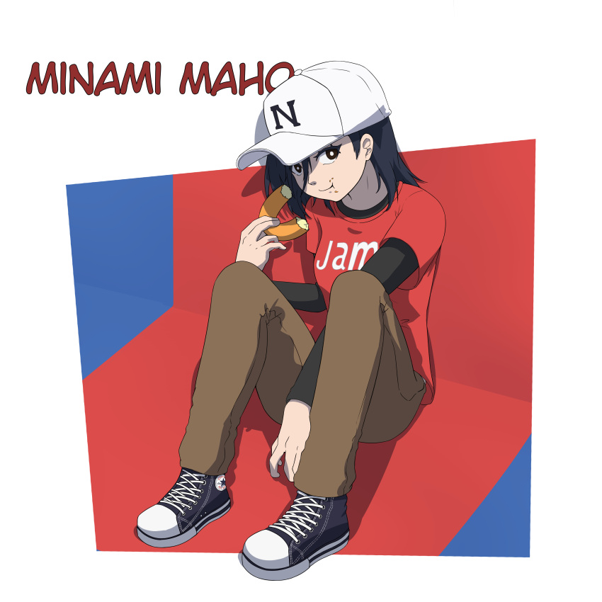 1girl, absurdres, baseball_cap, beck, between_legs, black_eyes, black_hair, black_sleeves